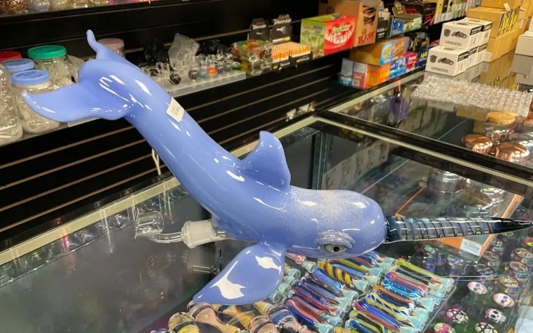Blue shark-shaped glass water pipe above a display case