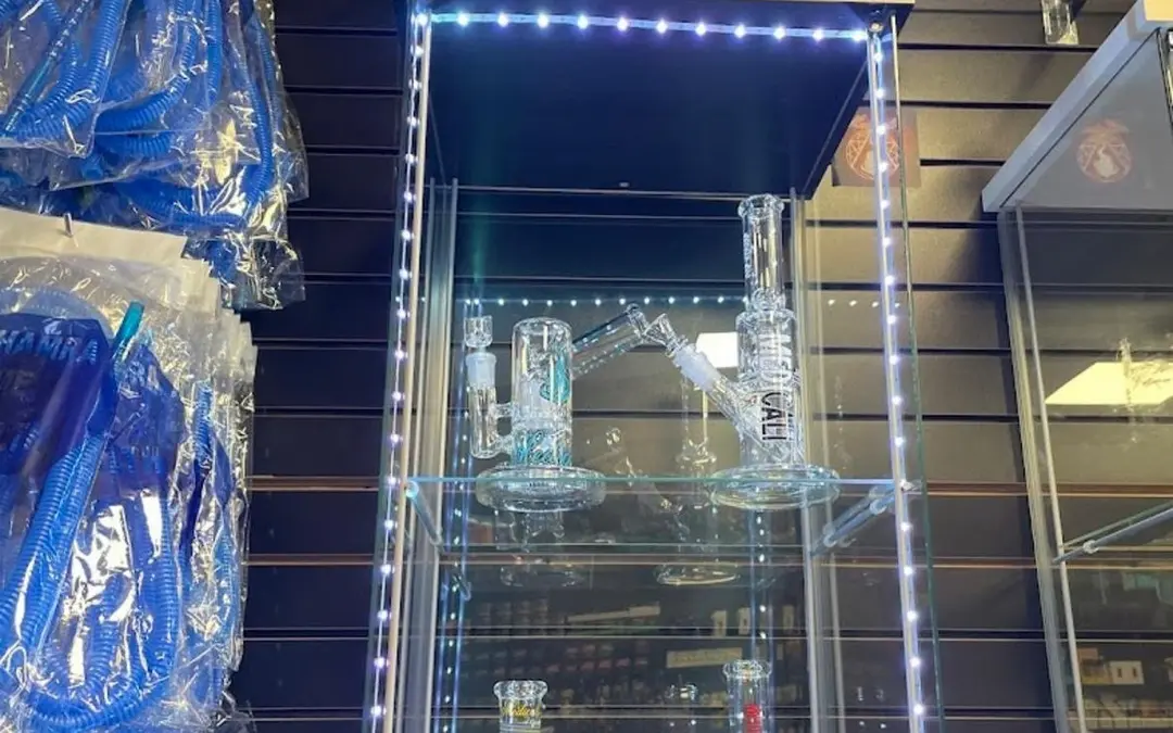 Glass rigs inside the former shop display cabinet