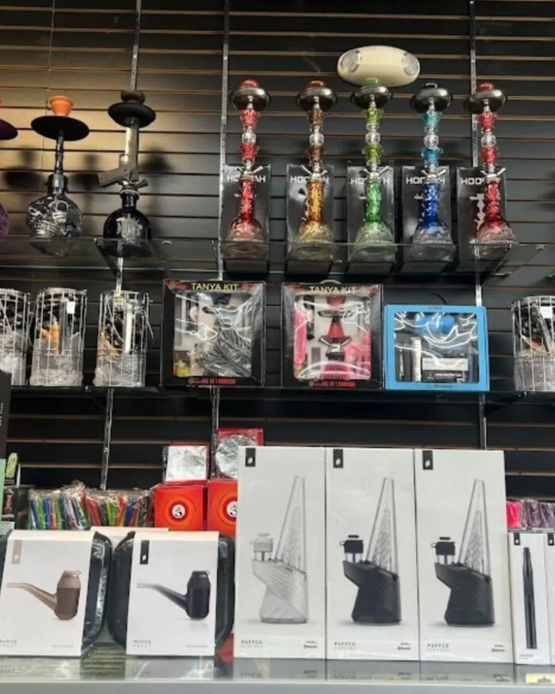 Hookahs and boxed accessories on the former shop wall display