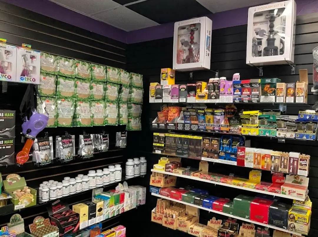 Shelves of packaged merchandise in the former shop
