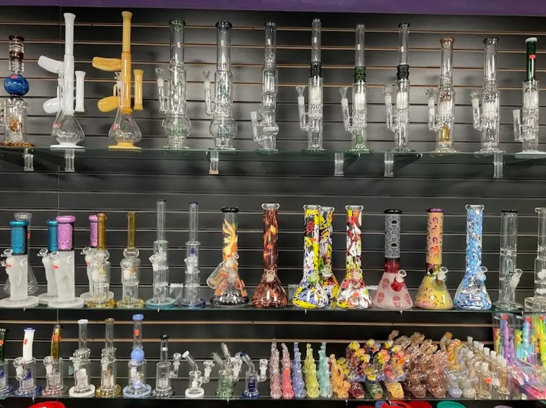 Rows of colorful glass water pipes on black wall shelves